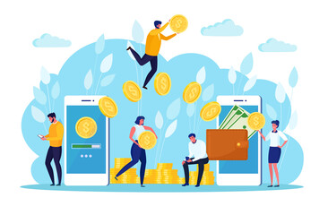 Money transfer with digital wallet, banking employee, people. Cashback, reward concept. Mobile phone with banking app, purse with cash, coin, dollar bill on screen. Online payment. Vector flat design