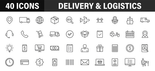 Fototapeta na wymiar Set of 40 Delivery and logistics web icons in line style. Courier, shipping, express delivery, tracking order, support, business. Vector illustration.