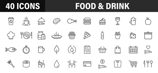 Fototapeta na wymiar Set of 40 Food and Drink web icons in line style. Coffe, water, eat, restaurant, fastfood. Vector illustration.