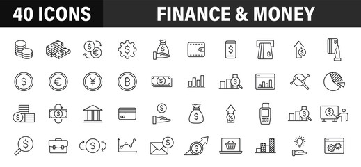Set of 40 Finance and Money and Payment web icons in line style. Business, investment, financial, banking ,dollar, bank, cash, coin exchange, pay. Vector illustration.