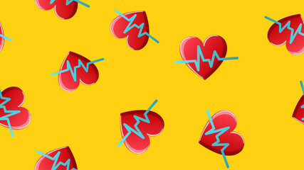 Endless seamless pattern of medical scientific medical objects of hearts with a cardiogram and pulse on a yellow background. Vector illustration