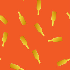 Endless seamless pattern of yellow beautiful glass beer bottles with alcoholic tasty light beer, foamy hop lager on an orange background. Vector illustration
