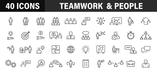 Set of 40 Teamwork web icons in line style. Team Work, people, support, business. Vector illustration.