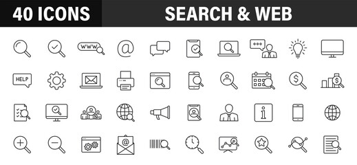 Fototapeta na wymiar Set of 40 Search web icons in line style. SEO analytics, Digital marketing data analysis, Employee Management. Vector illustration.