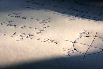 Algebra and trigonometry. Handwritten tasks for exams. equation solution. Theorem and proof in science and mathematics. University preparation. Function Graph and calculations. Hard light exposure.