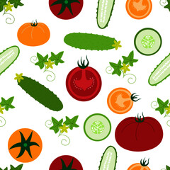 Seamless pattern with bright fresh vegetables - tomatoes and cucumbers.