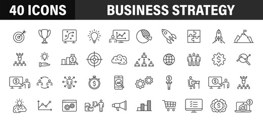 Fototapeta na wymiar Set of 40 Business strategy web icons in line style. Startup, investment, financial, development, marketing, idea. Vector illustration.