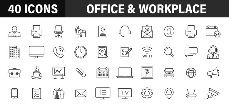 Set of 40 Office and workplace web icons in line style. Teamwork, workplace, coffee, work, business, employee. Vector illustration.