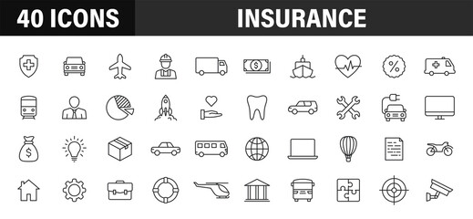 Fototapeta na wymiar Set of 40 Insurance web icons in line style. Business, health, policy, tornado, flood, help. Vector illustration.
