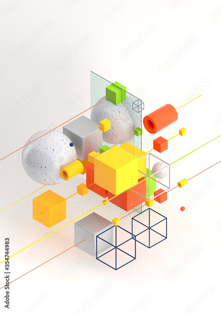 Fototapete abstract 3d render visualization background, template modern composition of geometric shapes in isom