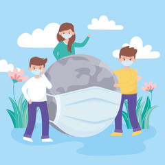 young people and world with medical mask, save the planet protection against coronavirus covid 19, protect nature and ecology concept