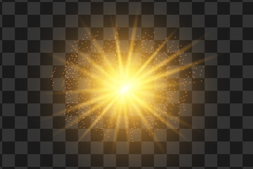 Glow isolated yellow light effect set, lens flare, explosion, glitter, line, sun flash and stars. Abstract special effect element design. Shine ray with lightning. Set of gold bright beautiful stars