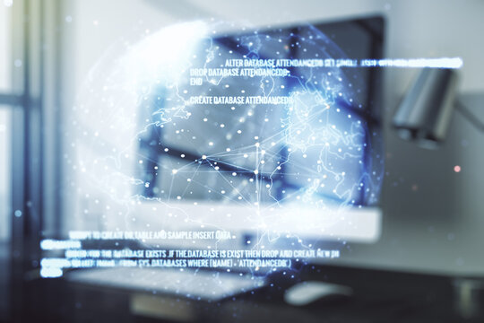 Double exposure of abstract creative programming illustration with world map on computer background, big data and blockchain concept