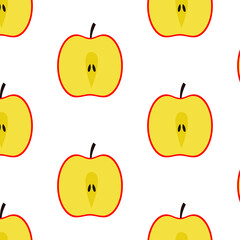 Vector flat illustration. Seamless pattern with cut half apple isolated on white. Design for textile, fabric, wallpaper, wrapping, scrapbooking, kitchen, summer, packaging, poster, postcard, gardening