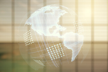 Digital map of North America hologram on modern interior background, global technology concept. Multiexposure