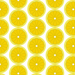 Vector flat illustration. Seamless pattern with sliced lemon isolated on white. Design for textile, fabric, wrapping, scrapbooking, packaging, poster, banner, summer, tropical.