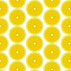 Tapeten Zitronen Flache Vektorgrafik. Nahtloses Muster mit geschnittener Zitrone lokalisiert auf Weiß. Design für Textilien, Stoffe, Verpackungen, Scrapbooking, Verpackungen, Poster, Banner, Sommer, Tropen.
