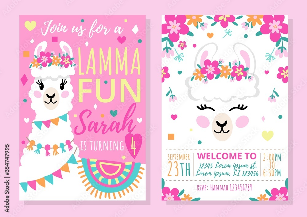 Wall mural llama party invitation template with colourful design vector illustration. bright decorations for ev