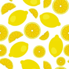 Wall murals Lemons Vector flat illustration. Seamless pattern of cut in half, sliced on pieces fresh lemons isolated on white background. Vibrant juicy ripe citrus fruit collection. Design for textile, fabric, wallpaper