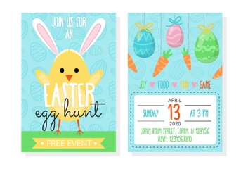 Easter egg hunt event invitation template vector illustration. Spring holiday concept. Address information flat style. Yellow chicken on grass. Isolated on white background