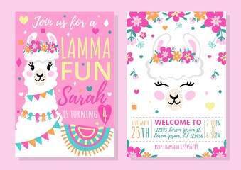 Llama party invitation template with colourful design vector illustration. Bright decorations for event flat style. Happy birthday celebration concept. Isolated on pink background