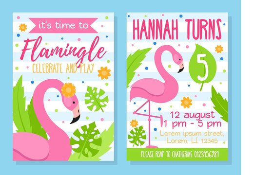 Time to flamingle celebrate and play invitation template vector illustration. Kid turns five flat style. Address information for party. Happy bday concept. Isolated on blue background