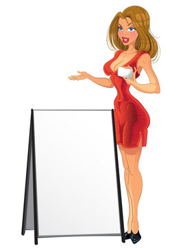 Promo girl with bank card and advertising stand