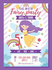 Fairy party invitation template with text vector illustration. Game music play flat style. Bright rainbow and decorations. Happy birthday concept. Isolated on violet background