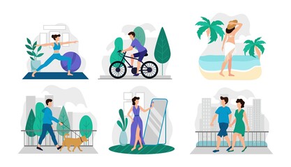 Composition of lifestyle situations with people set vector illustration. Yoga time riding bicycle walking with dog relaxing on island flat style. Life concept. Isolated on white background