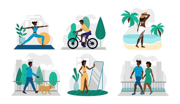Set of different lifestyle situations in pics vector illustration. Afro american couple walking woman doing yoga guy riding bike flat style. Spare time concept. Isolated on white background