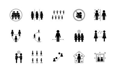 Social distancing silhouette style icon set vector design