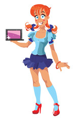 Cartoon smiling presentation girl with computer