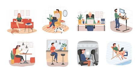 Set of people busy with remote working at home vector illustration. Job from any place flat style. Work on sofa airplane and beach. Freelancer concept. Isolated on white background