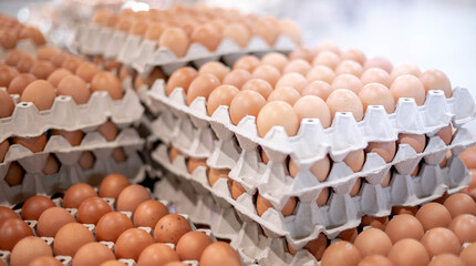 Obraz premium Full fresh eggs of paper tray from hen farm in the package that preserved for sale in wholesale and retail market.