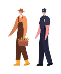 Male gardener and police with masks vector design
