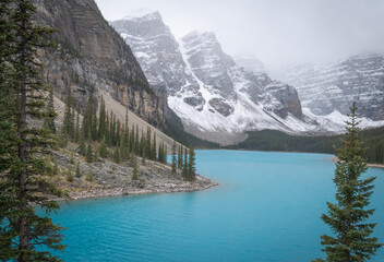 Beautiful glacier lake in Canadian Rockies, shot at Moraine Lake, Banff National Park, Alberta, Canada