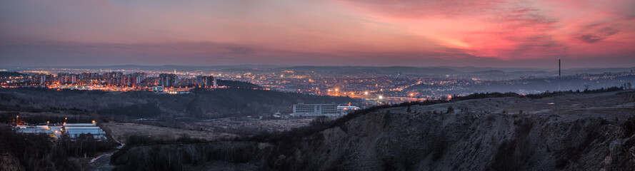 Panorama of Brno in Czech Republic after sunset. Citylights panorama. 