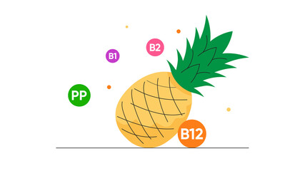 Tropical pineapple with nutritional information: common vitamins on colorful circles. Healthy diet. Lifestyle.