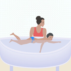 Mother teaches her child to swim in the bath - vector.Care for children. Mental health