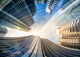 Looking up perspective of financial buildings. Financial business concept 