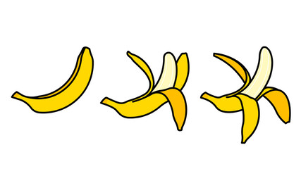 Fototapeta na wymiar Set of bananas. Whole banana, peeled banana, ready to eat banana. Set of fruit icons on white background.