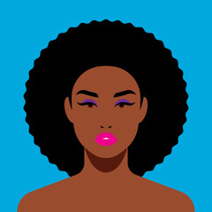 Glamour african girl with afro hairstyle. Female portrait. Black beauty concept. Vector Illustration of woman. Great for avatars. Fashion, beauty, makeup, hairstyle, skincare.