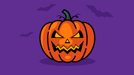 Pumpkin for Halloween. Funny pumpkin with a carved face. Little bats. Purple background.