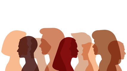 Crowd - transparent silhouettes of people with different skin colors: light, beige, tanned, black, dark. Multiethnic group of people: heads and shoulders. Modern vector illustration on social theme.