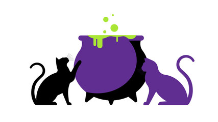 Black cats and cauldron with magic potion. The concept of witchcraft, magic, witch recipes, poison, Halloween and scary tales.