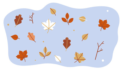 Obraz premium Leaf fall. Fall leaves in the air: oak, maple, birch, poplar. Minimalistic flat style. Set of elements for decoration, design, banner.