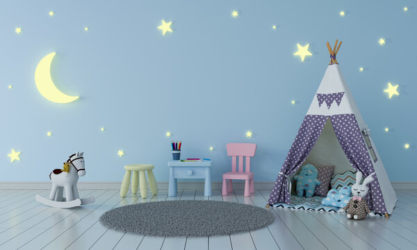 Teepee In Blue Child Room Interior At Night For Mockup, 3D Rendering