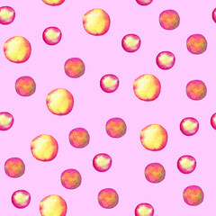 Seamless pattern with red and yellow balls on pink background, watercolor 