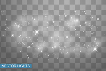 White sparks glitter special light effect. Vector sparkles on transparent background. Christmas abstract pattern. Sparkling magic dust particles