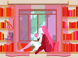 Girl drinks tea or coffee. Little library with big window. Comfortable place with pillows. Stay at home